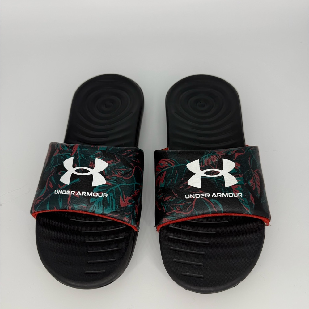 Under Armour Black Slides with White Logo and Colorful Accents